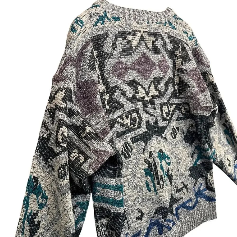 Method Vintage 90s Gray Geometric Abstract Grandpa Cardigan Sweater Men XL